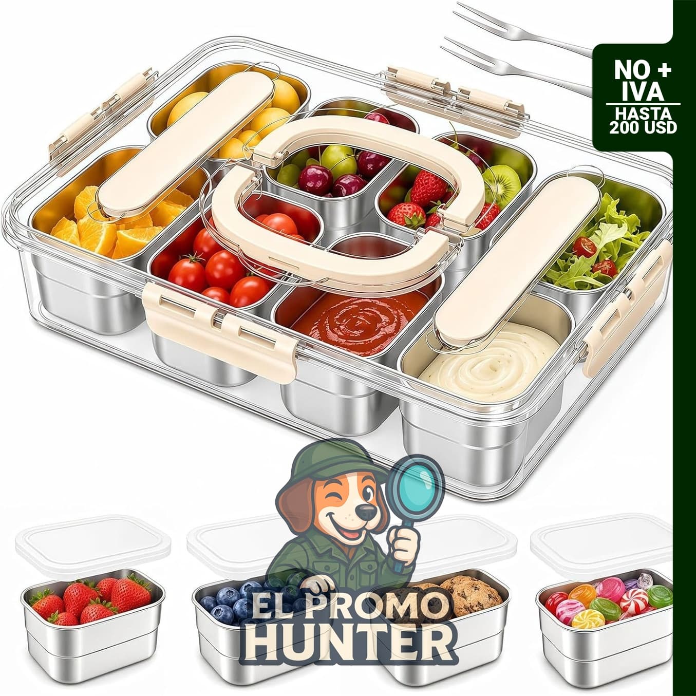 Contenedor de aperitivos de acero inoxidable 304 con 8 compartimentos y tapas individuales.