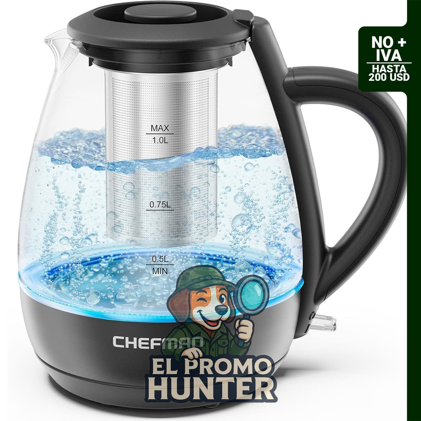 Hervidor eléctrico Chefman de 1 litro (4 tazas), 1500 W, con infusor de té y filtro de acero inoxidable.