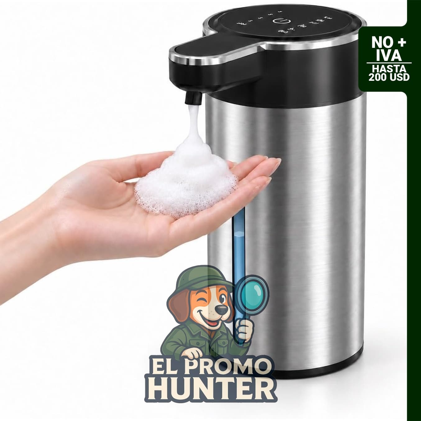 Dispensador automático de jabón espumoso sin contacto, acero inoxidable.