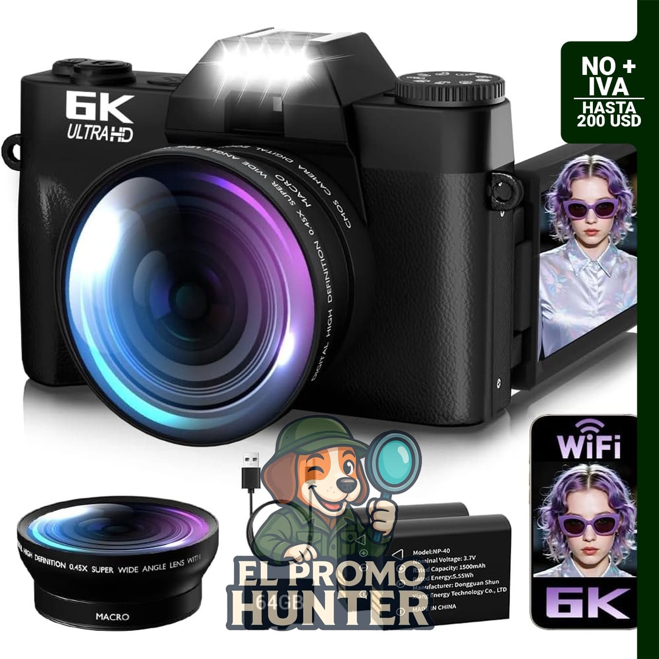 Cámara digital 6K con enfoque automático, 64 MP, pantalla giratoria de 3" (7.6 cm), zoom 16X, incluye tarjeta SD de 64 GB y 2 baterías.