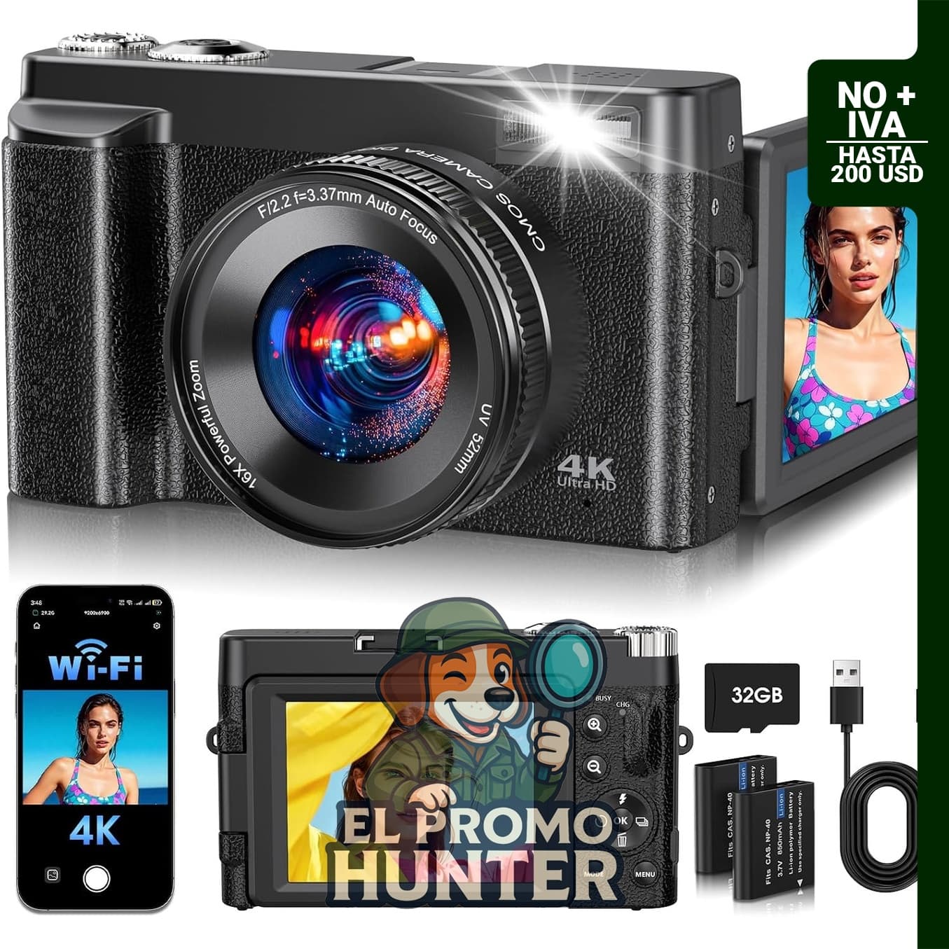 Cámara digital TESFOT 4K mejorada 2026 de 64 MP con WiFi y pantalla abatible de 180°.