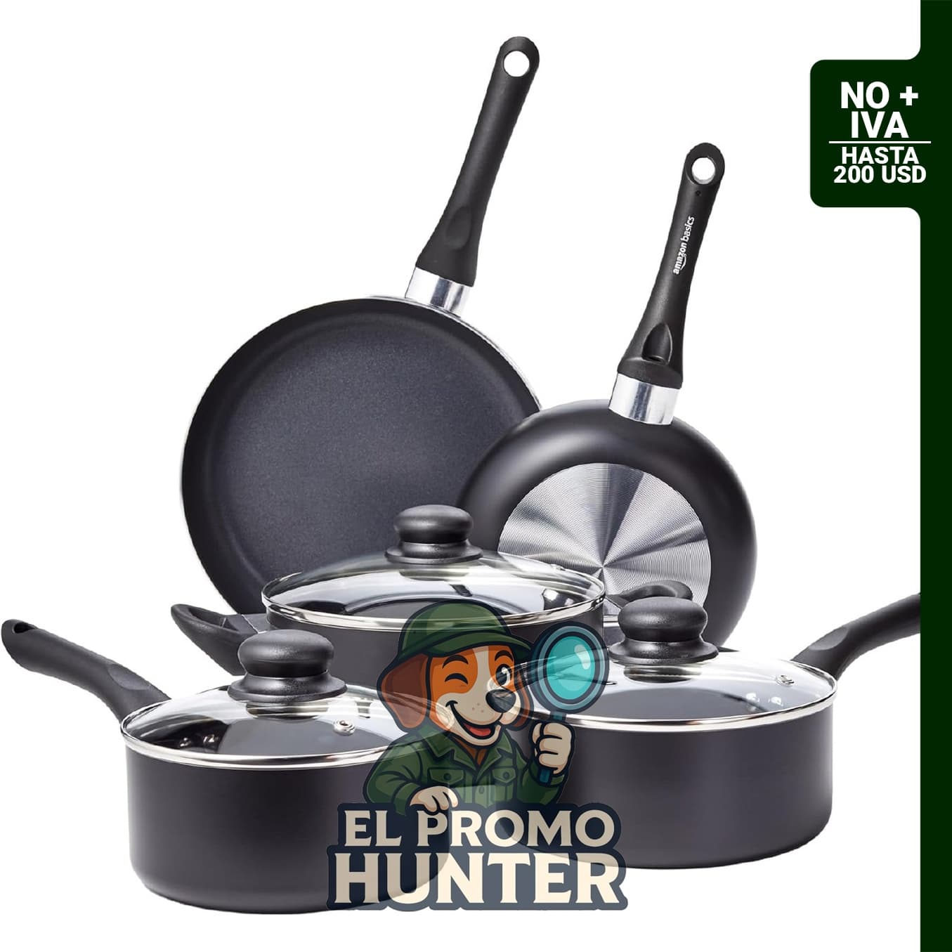 Amazon Basics Juego de utensilios de cocina antiadherentes de 8 piezas, incluye ollas y sartenes, color negro.