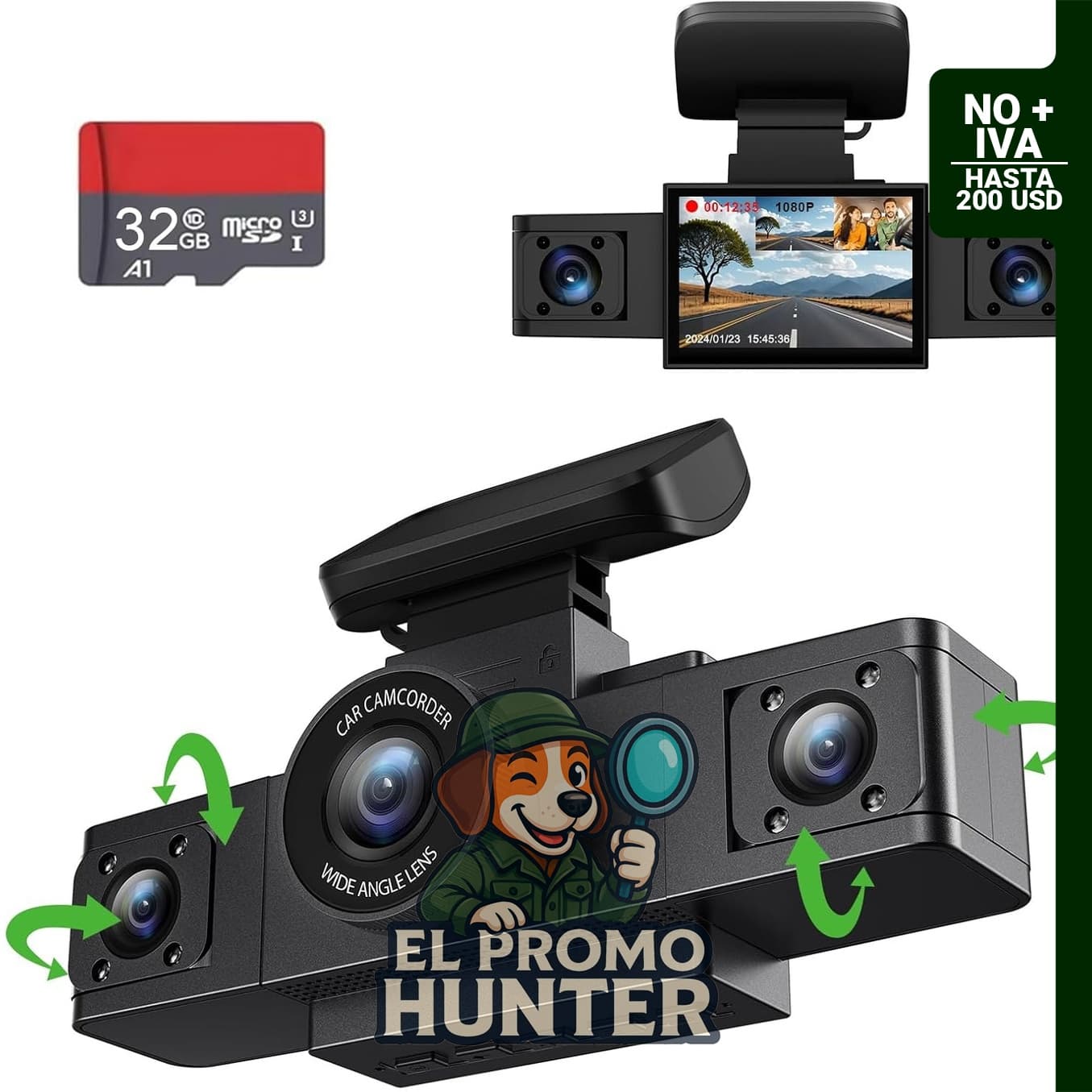Cámara de tablero de 3 canales 1080P con grabación de bucle y tarjeta de 32 GB.