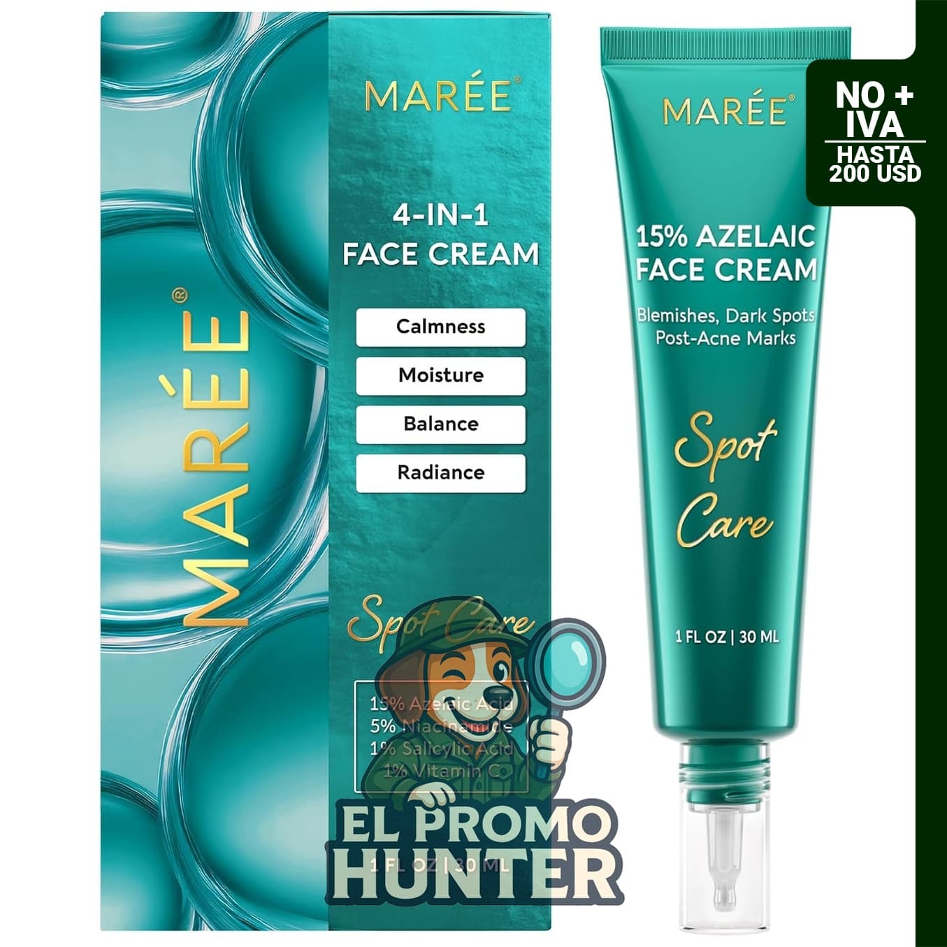 MAREE Crema facial de ácido azelaico al 15%, suero para el rostro.