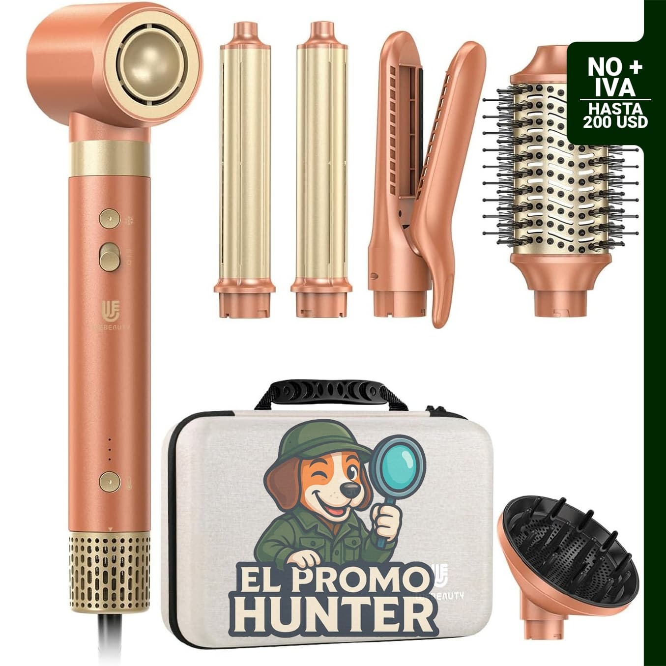Estilizador de aire caliente 6 en 1 de webeauty, incluye secador iónico, rizadores automáticos y difusor.