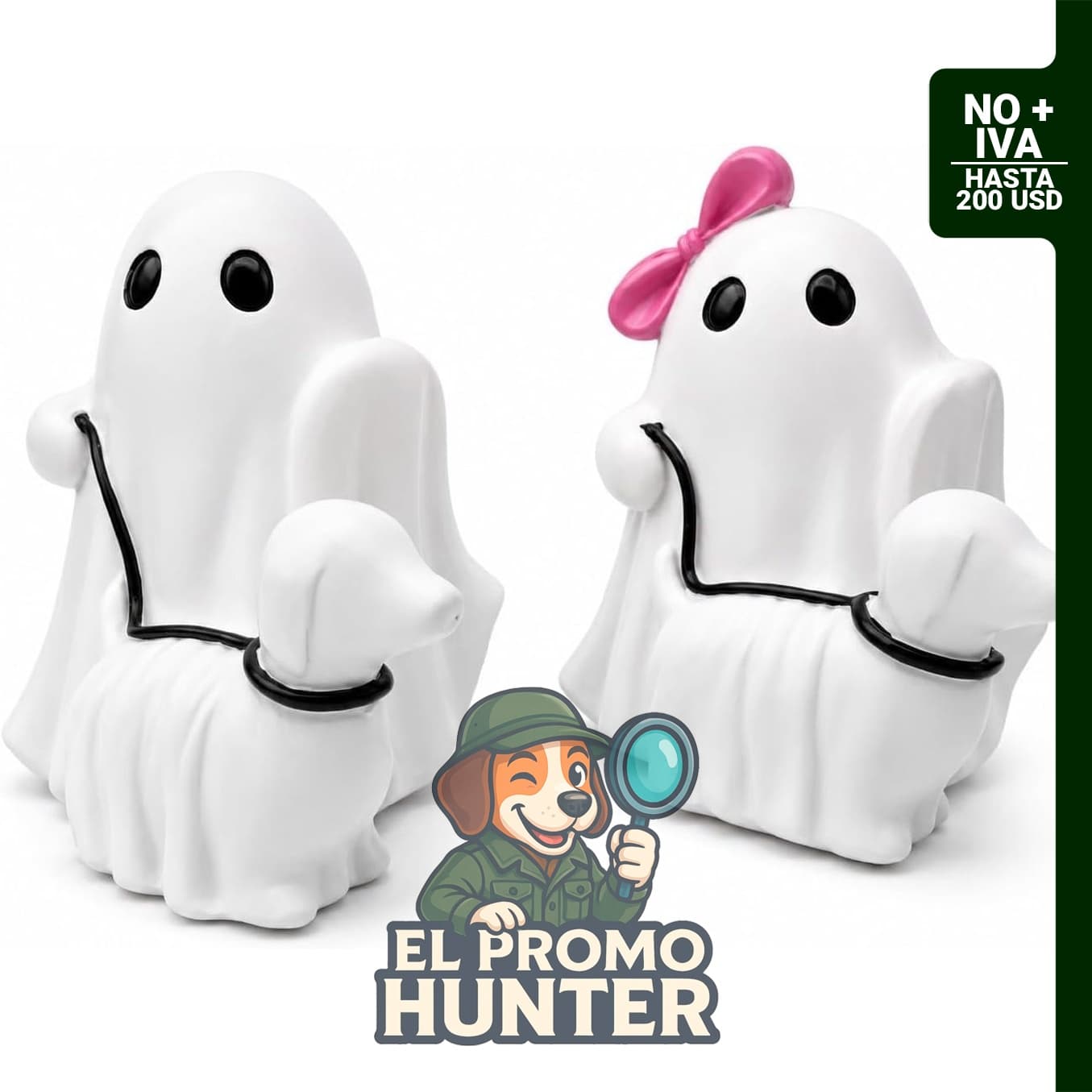 Figuras de perro paseador de fantasmas de Halloween, estatuas de resina con lazo rosa.