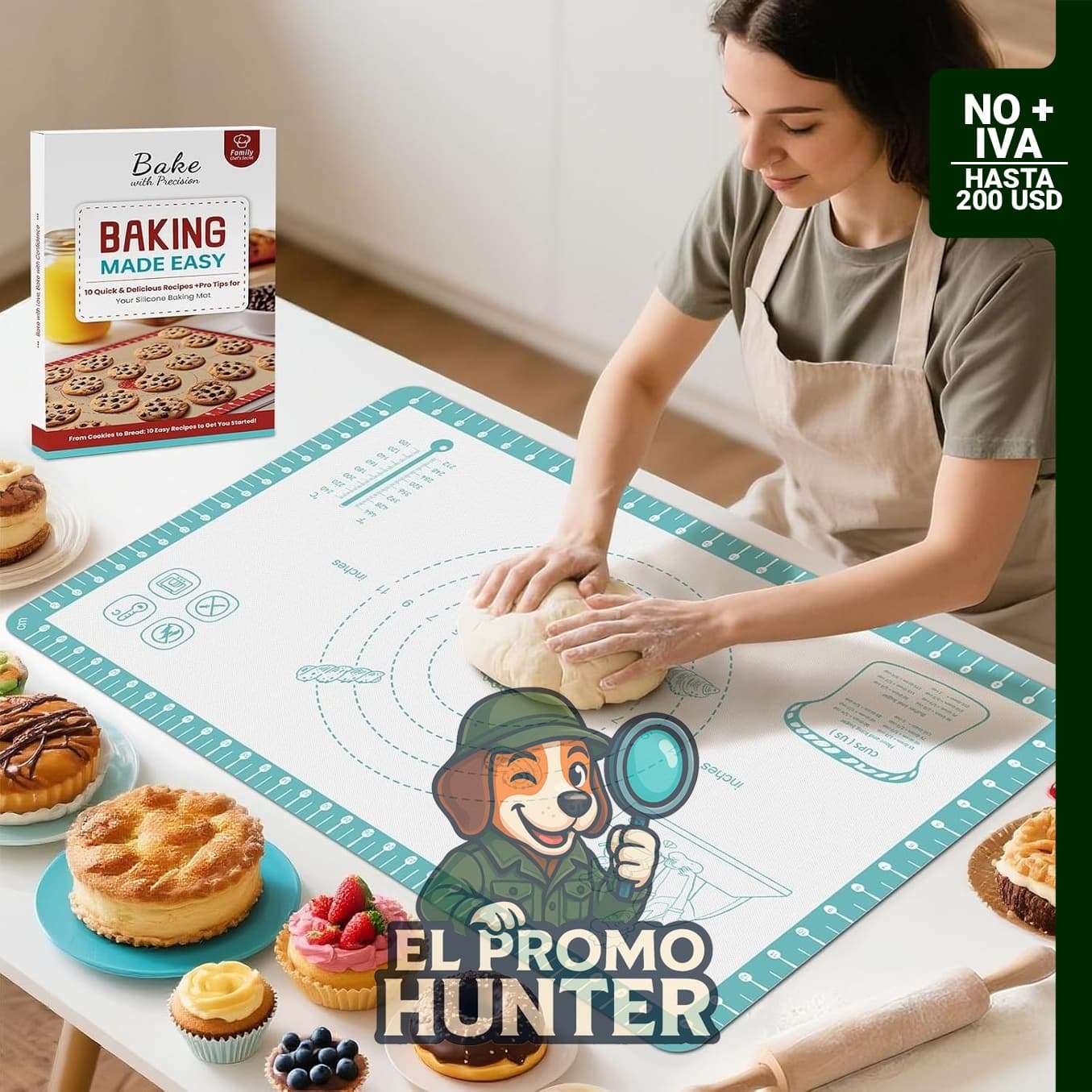 Alfombrilla de silicona para hornear macarrones, galletas, pan y pizza, incluye 10 recetas.