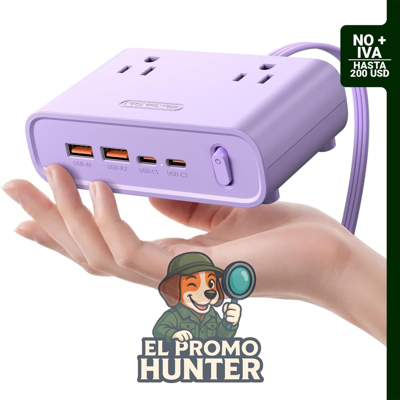 NTONPOWER Regleta de alimentación con 4 salidas de CA y puertos USB C de 25 W, cable plano de 5 pies.