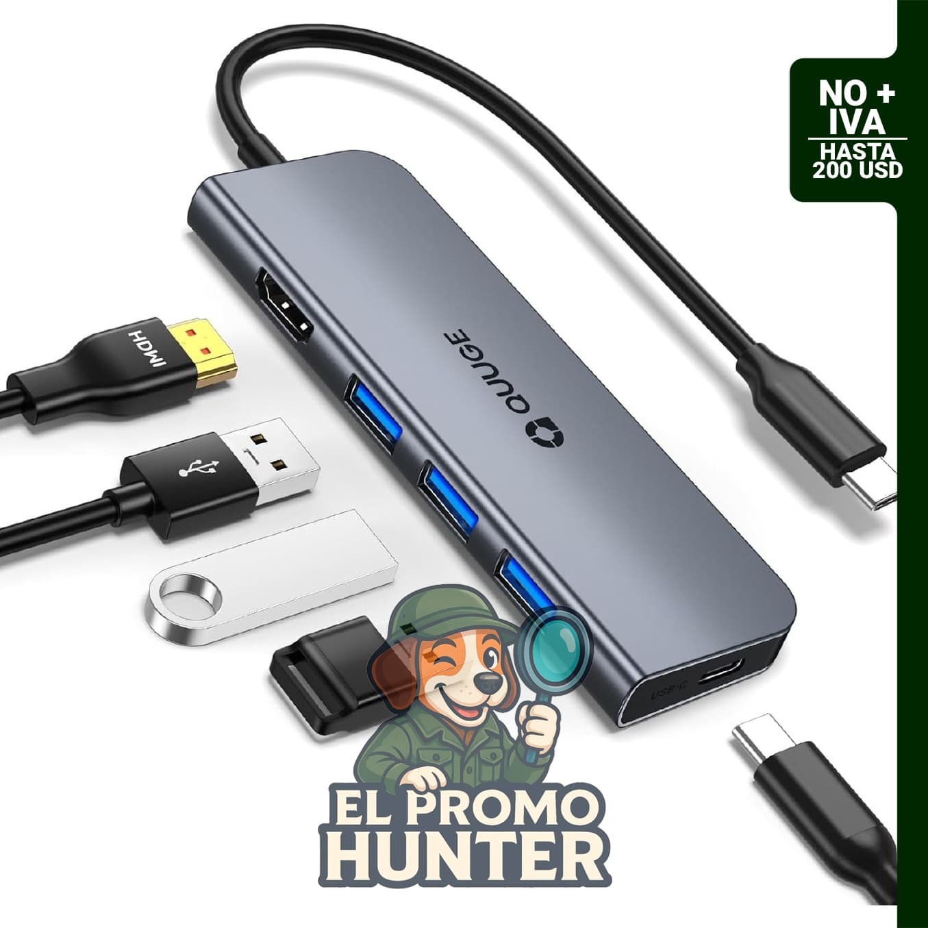 Hub USB C 5 en 1 con adaptador HDMI 4K @30Hz, 100 W PD y 3 puertos USB A 3.0.