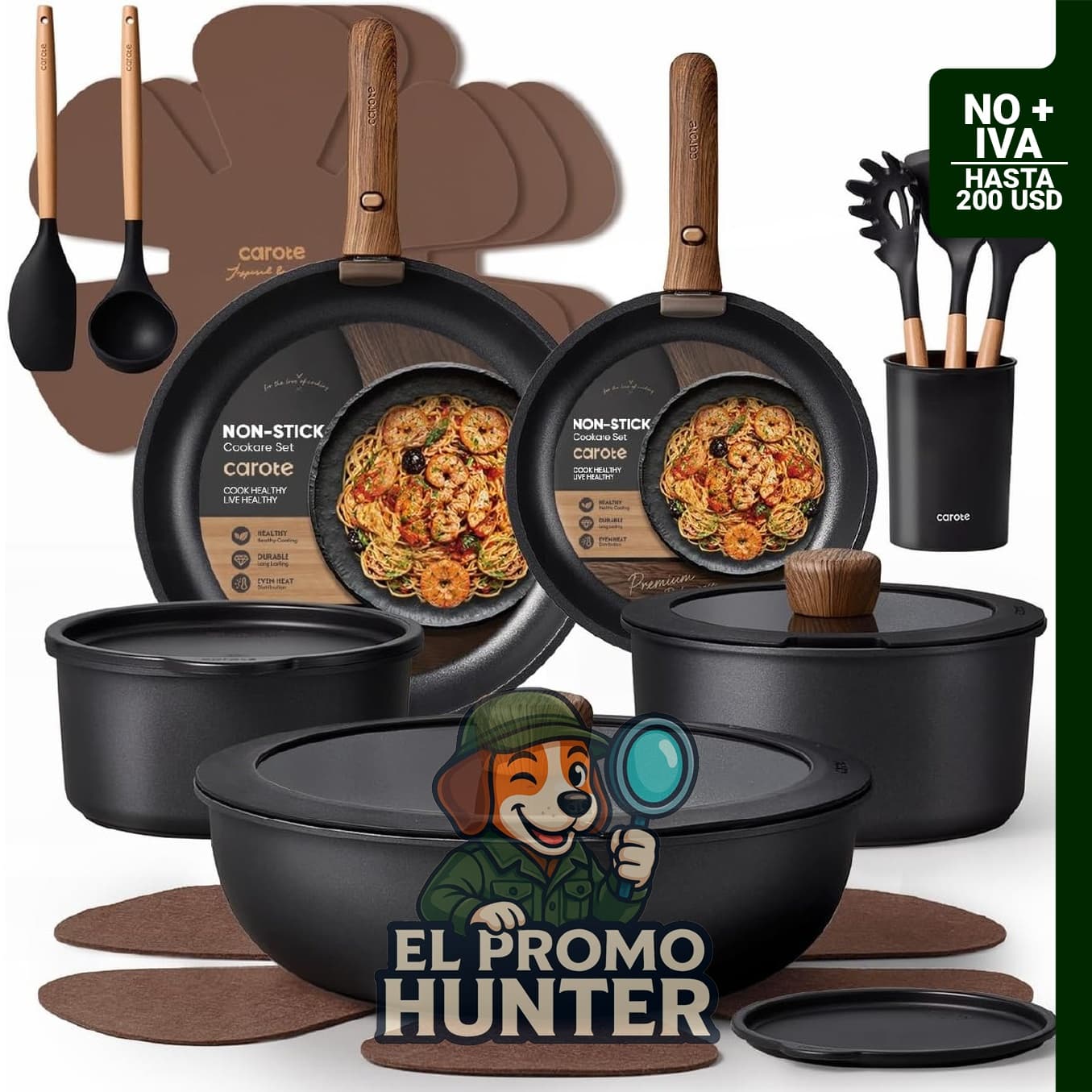Juego de 19 piezas de ollas y sartenes antiadherentes CAROTE, apto para inducción y horno.