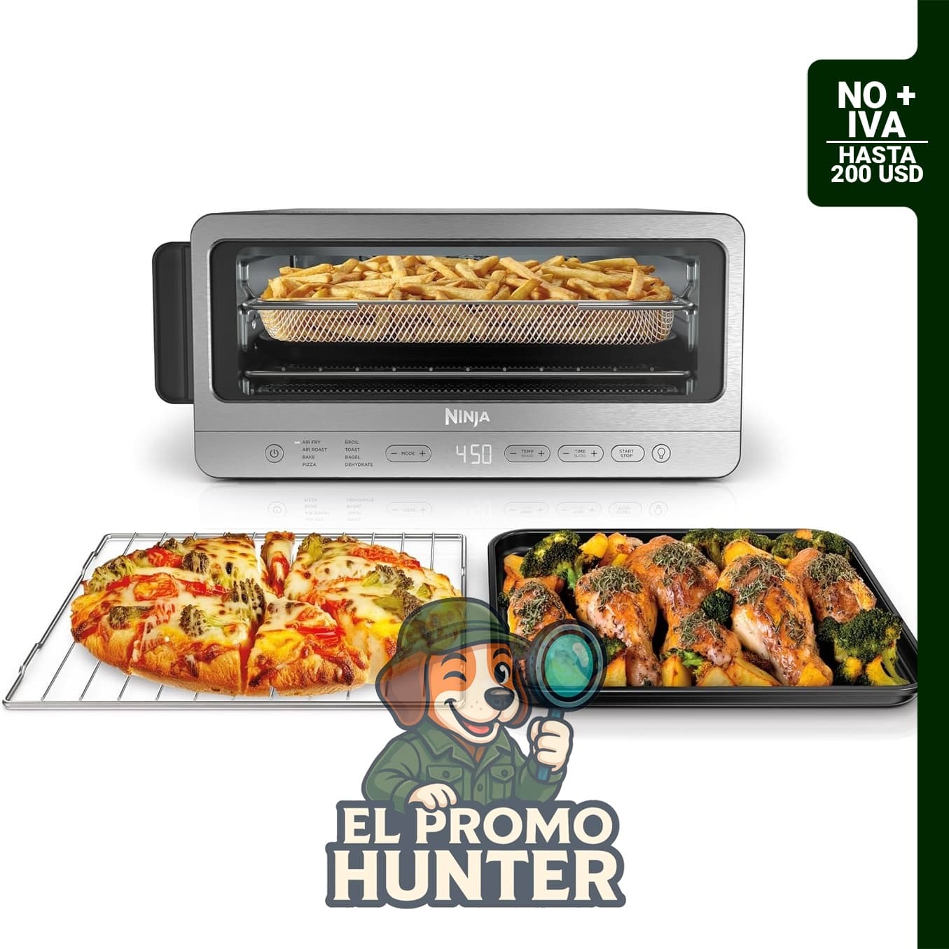 Ninja Horno tostador abatible y freidora de aire, 8 en 1, acero inoxidable.