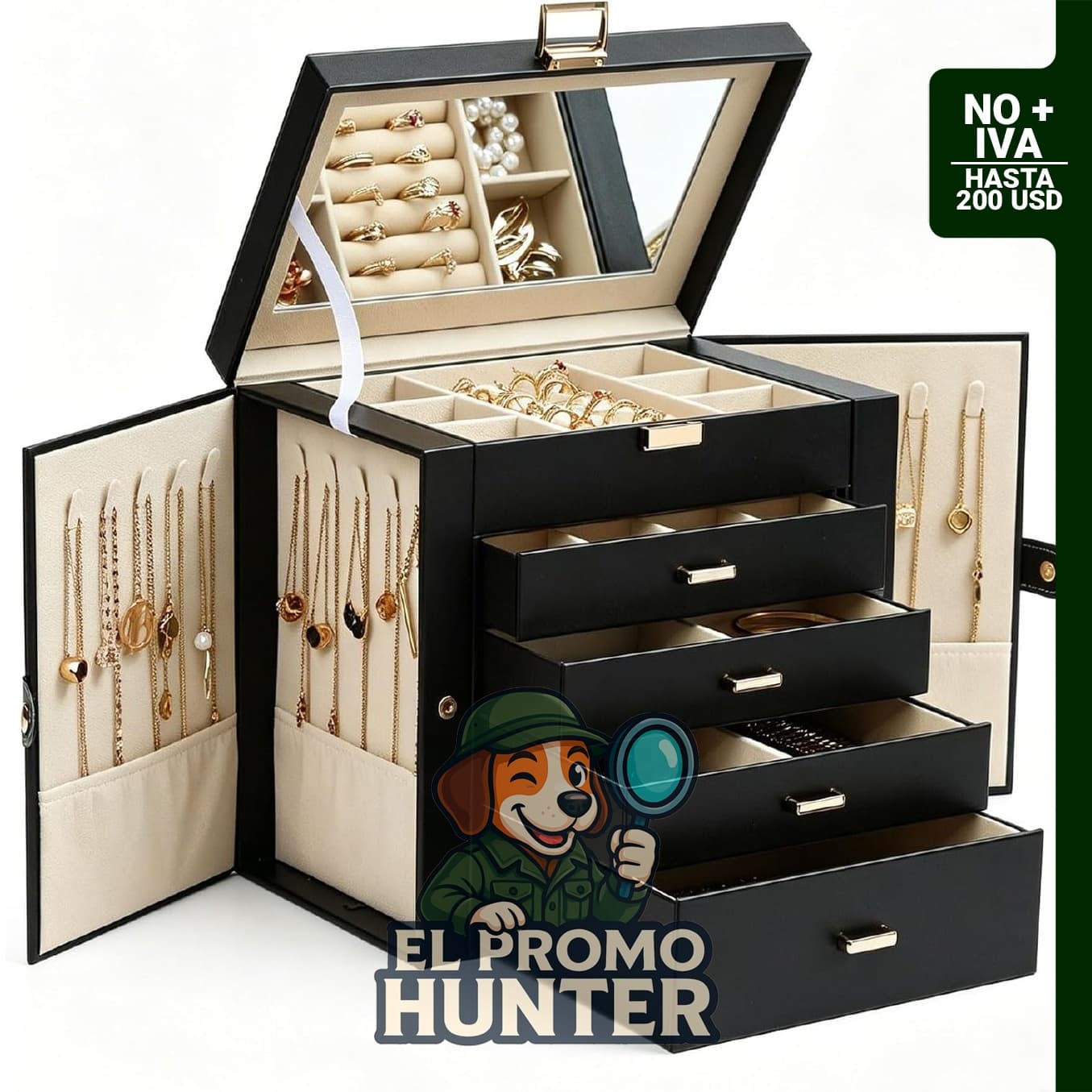 BOOVO Joyero grande para mujer, organizador de joyas negro de 5 capas.
