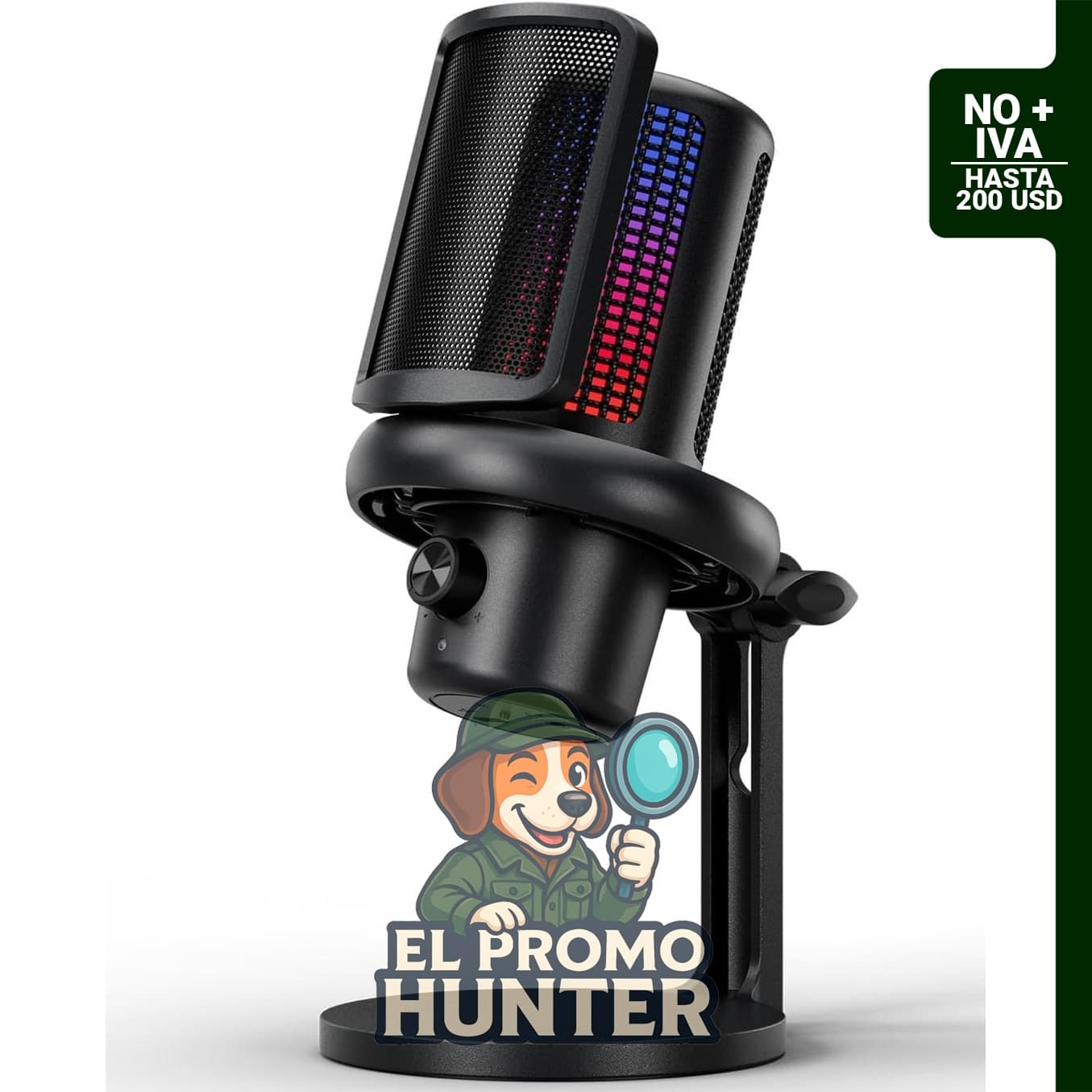Micrófono USB YIEBV con cancelación de ruido y luz RGB.