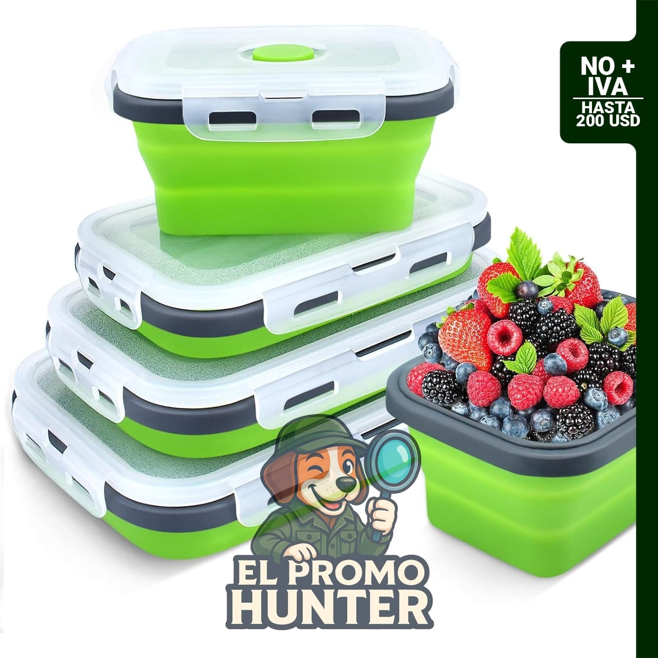 Contenedores plegables rectangulares para almacenamiento de alimentos, paquete de 4 unidades con tapa y ventilación.