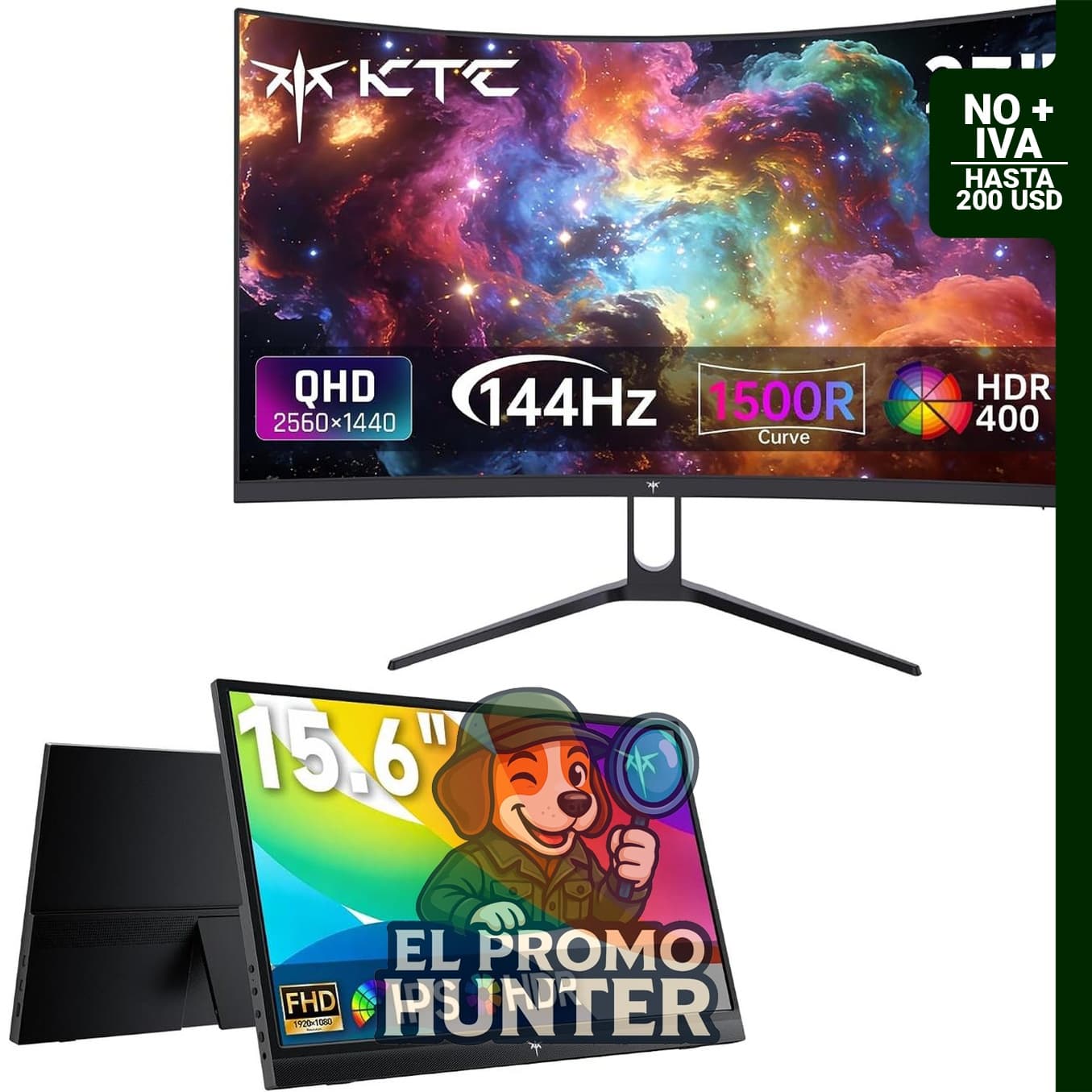 KTC H27S5C Monitor curvo de 27" (68.6 cm) QHD 144Hz y monitor portátil de 15.6" (39.6 cm).