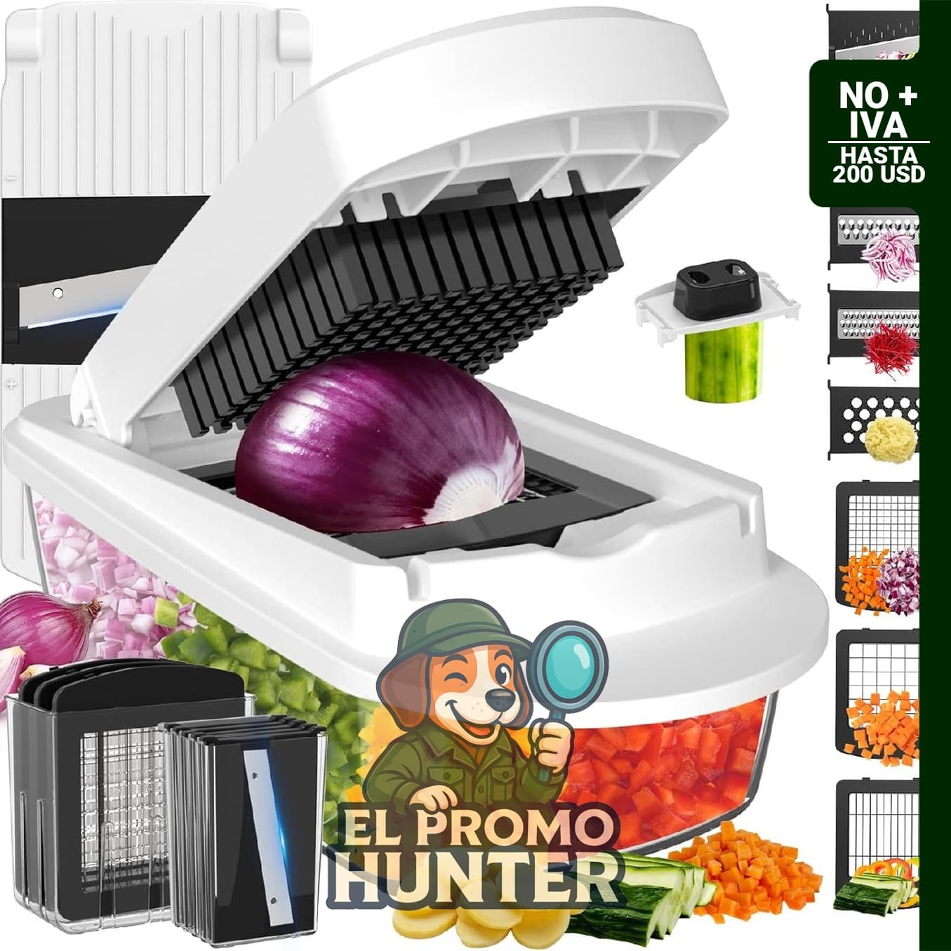 Picador de verduras todo en uno con 8 cuchillas y contenedor, ideal para picar cebolla y otros alimentos.