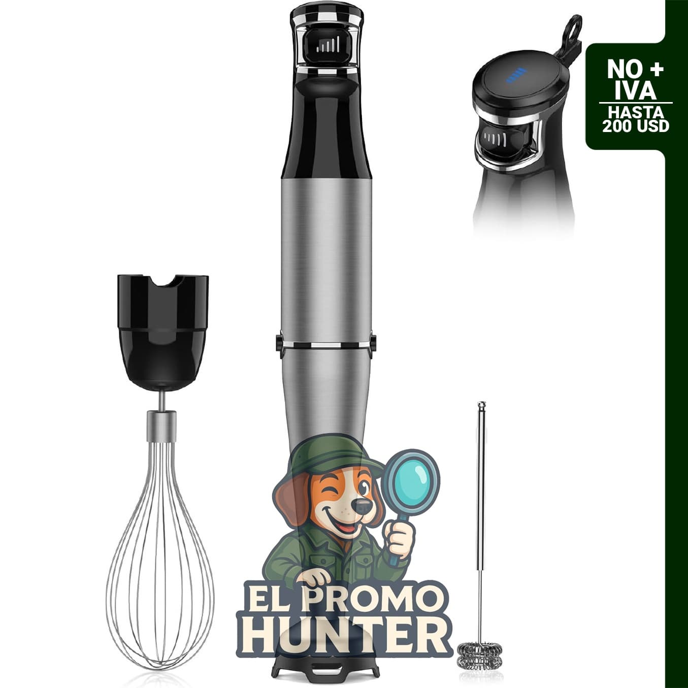 Batidora de inmersión de mano 1100W, set 3 en 1 con control de velocidad, palo de emulsión de acero inoxidable.