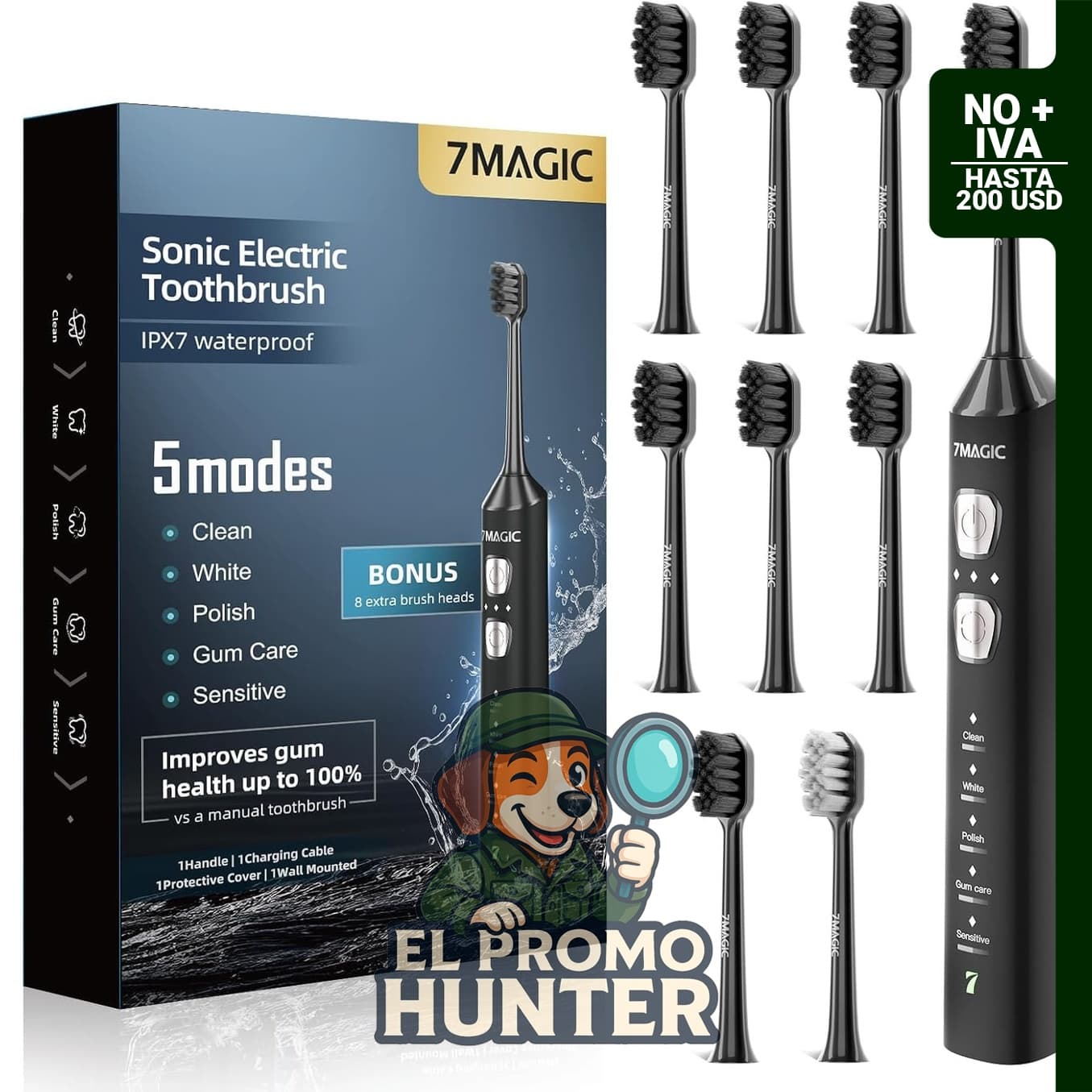 7MAGIC Cepillo de dientes eléctrico sónico con 42000 VPM y 8 cabezales.