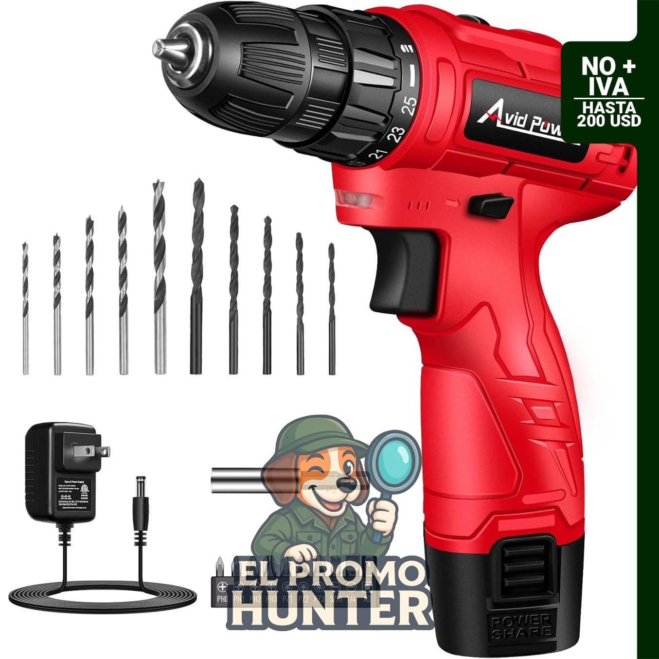 AVID POWER Taladro inalámbrico de 12 V, portabrocas de 3/8" (0.95 cm), 1400 RPM, control de par de 25+1, incluye 21 brocas, batería y cargador.