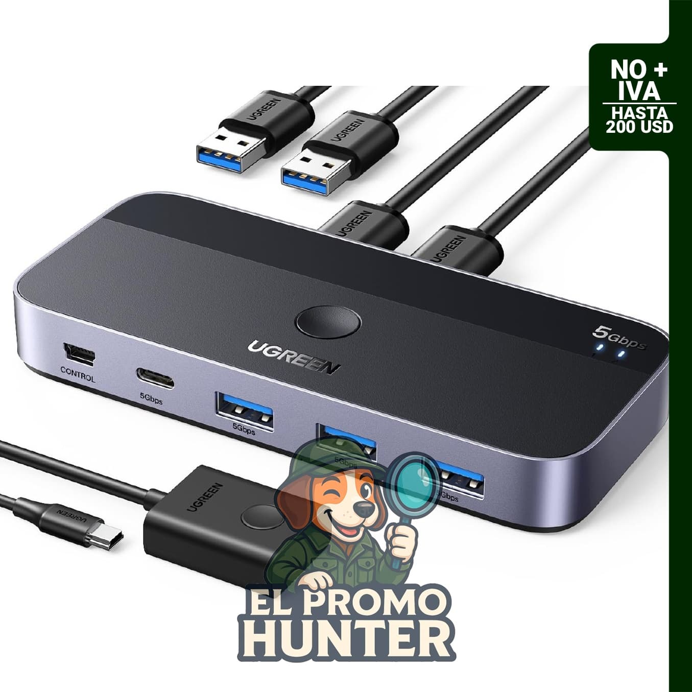 UGREEN Conmutador USB 3.0 para compartir dispositivos USB C y A entre 2 computadoras, con 4 puertos.