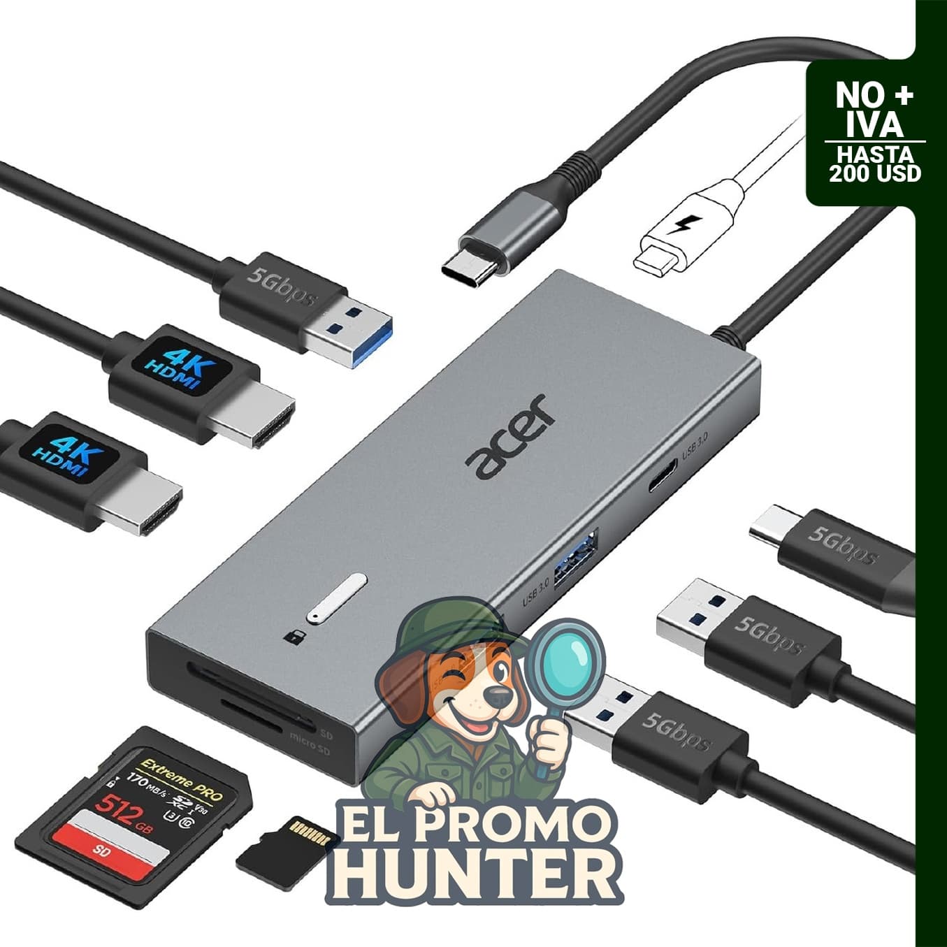 Acer Estación de acoplamiento USB C 9 en 1 con soporte para monitor dual y 2 puertos HDMI.