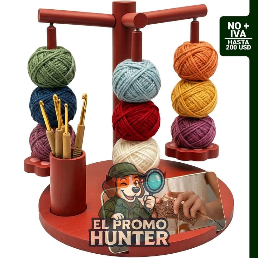 Soporte de hilo de madera giratorio magnético con 2 husillos y soporte para teléfono, accesorios de ganchillo.