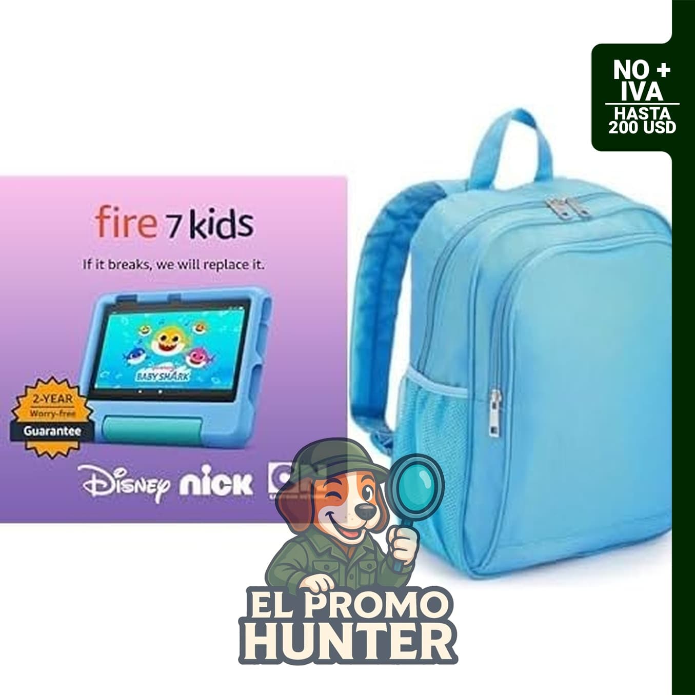 Paquete de mochila para tablet Fire 7 Kids que incluye tablet Amazon Fire 7 Kids de 16 GB y mochila azul.