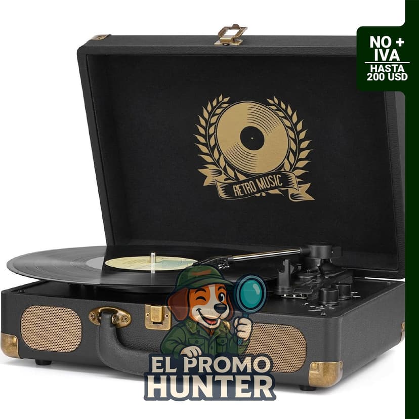 Reproductor de discos de vinilo Bluetooth, tocadiscos portátil de 3 velocidades con altavoces integrados y salida RCA.