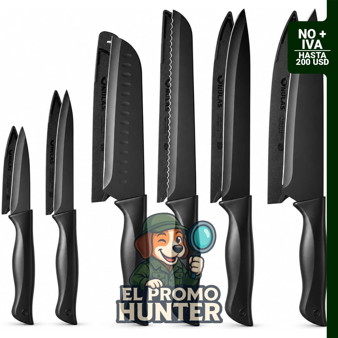Juego de cuchillos de cocina de 13 piezas, acero inoxidable, color negro, incluye protectores de hoja y autoafilado.
