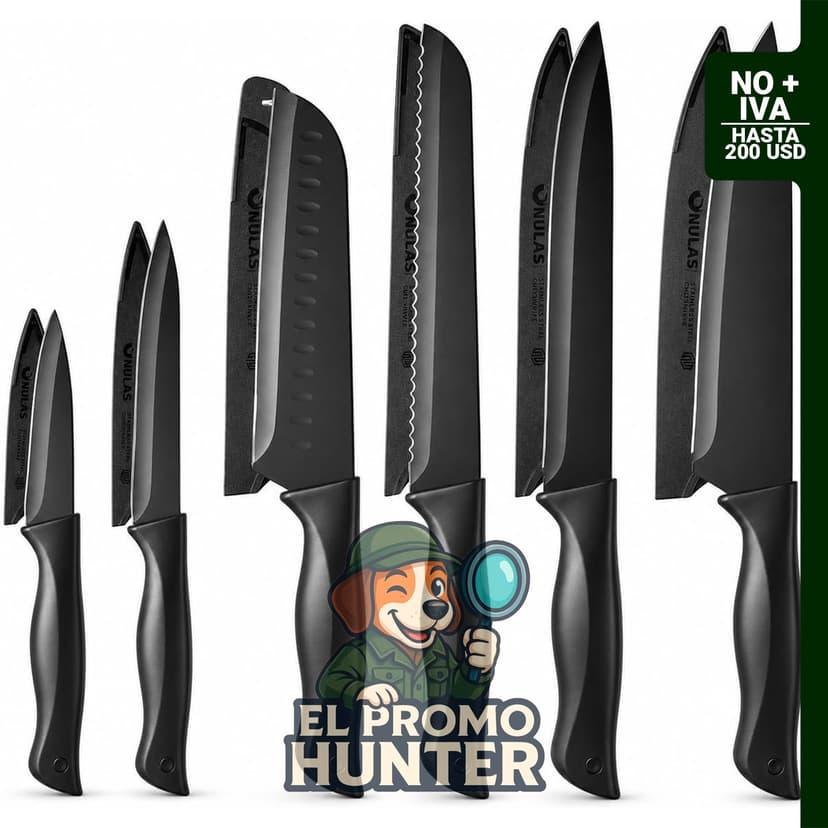 Juego de cuchillos de cocina de 13 piezas, acero inoxidable, color negro, incluye protectores de hoja y autoafilado.