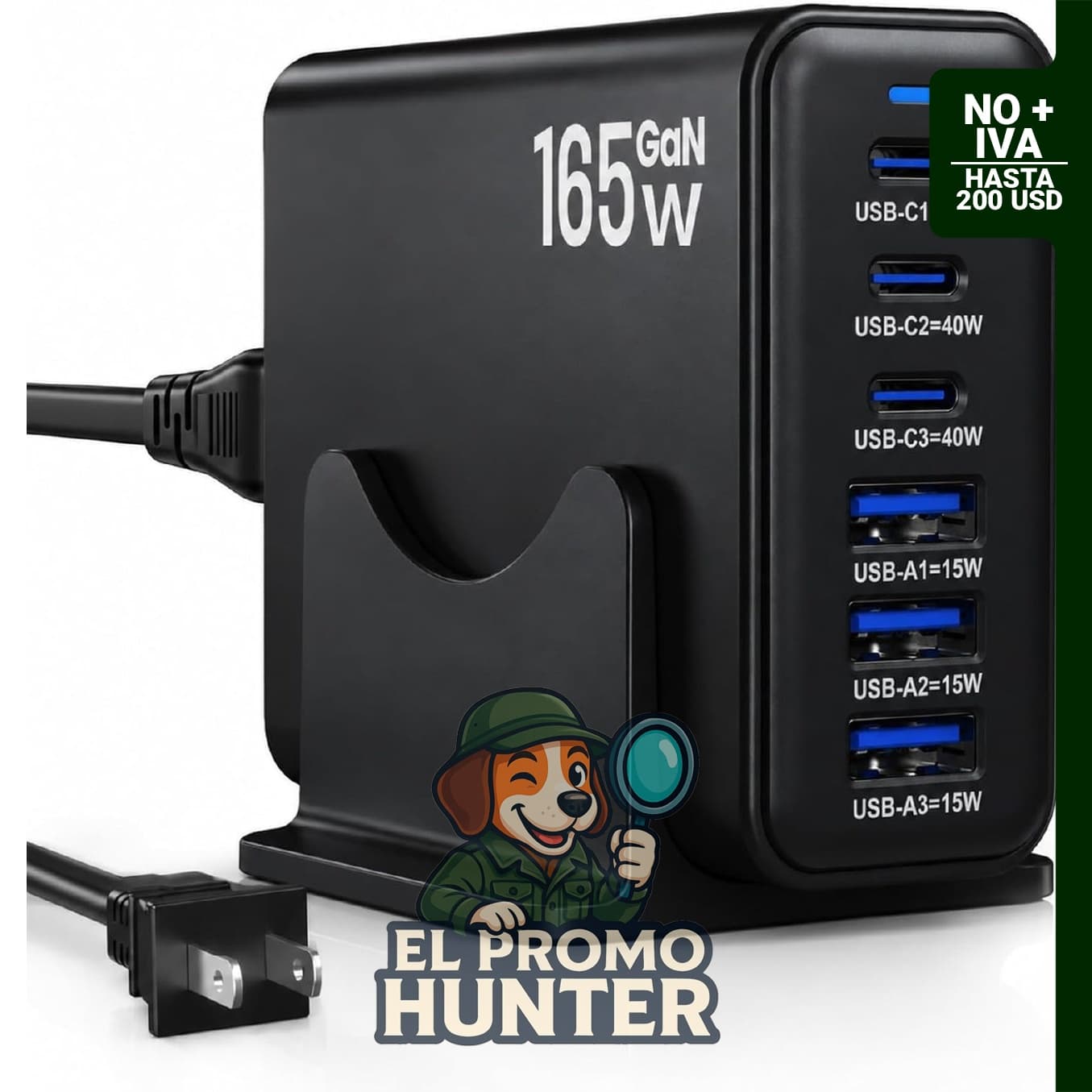 Estación de carga GaN de 165W, cargador rápido de escritorio USB C de 6 puertos, color negro.