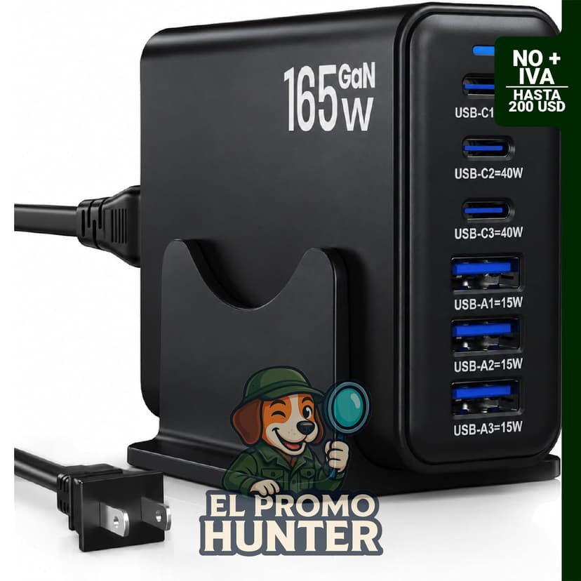 Estación de carga GaN de 165W, cargador rápido de escritorio USB C de 6 puertos, color negro.