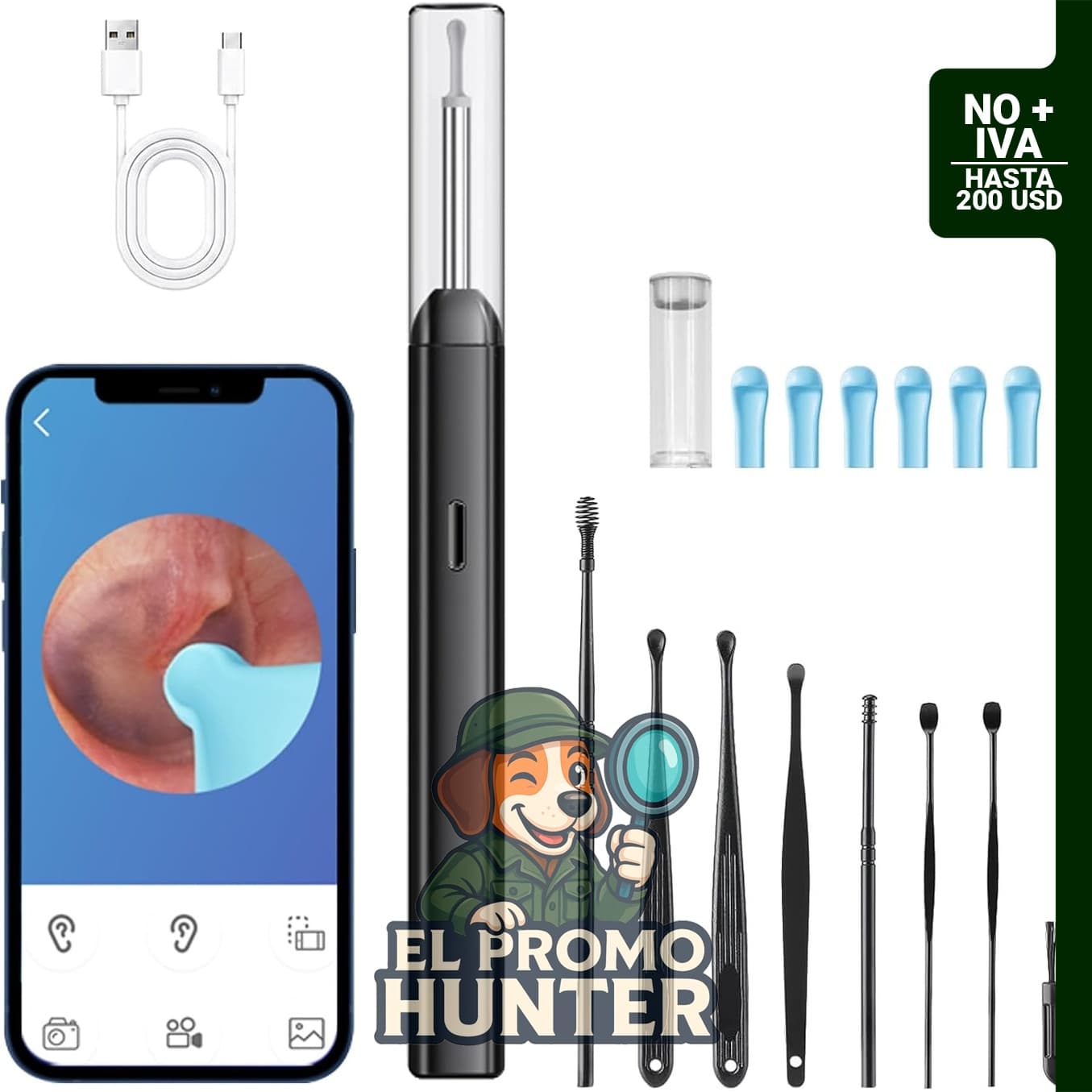 Barcaco cámara de limpieza de oídos con resolución 1080P, incluye 7 cucharas para oídos, compatible con iOS y Android.