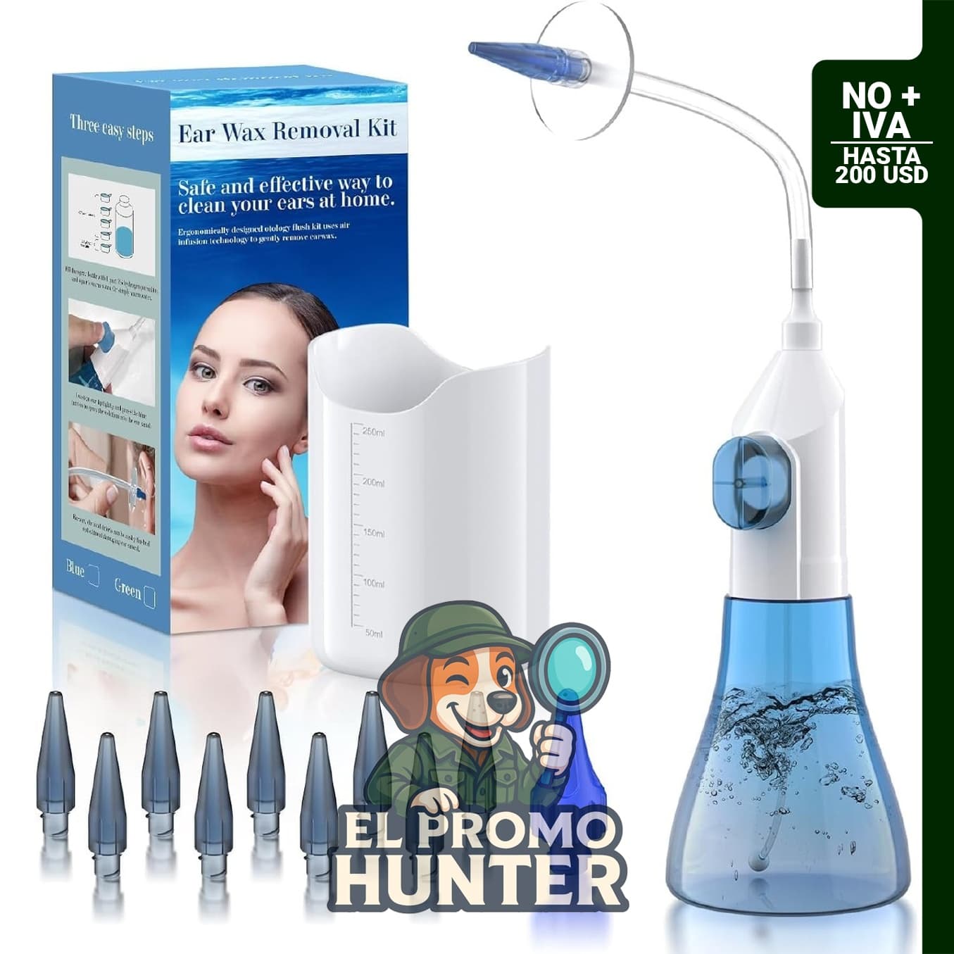 Kit de limpieza de oídos, sistema manual para la eliminación de cera acumulada.