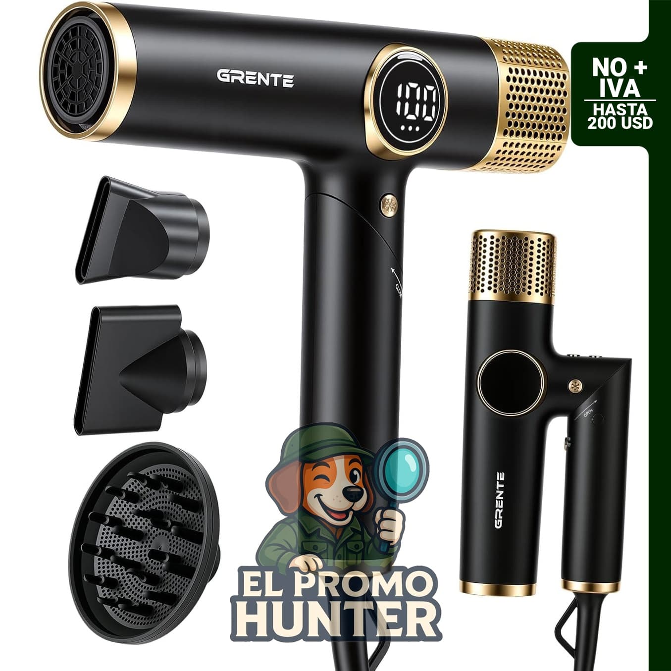 Secador de pelo plegable iónico YFZT2KRK, 4 ajustes de calor y 3 velocidades, incluye difusor magnético y concentrador.