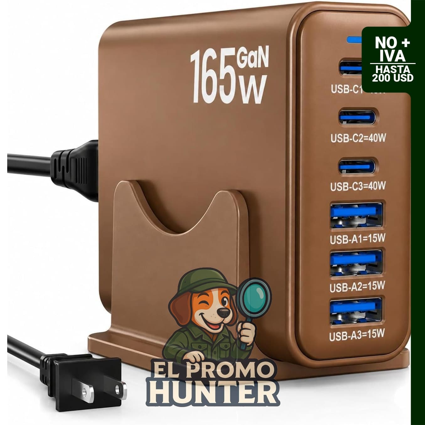 Estación de carga GaN de 165W, 6 puertos USB-C, color marrón.