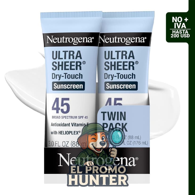 Neutrogena Ultra Sheer Protector solar SPF 45, 3 fl oz (89 ml), protección UVA/UVB, resistente al agua.