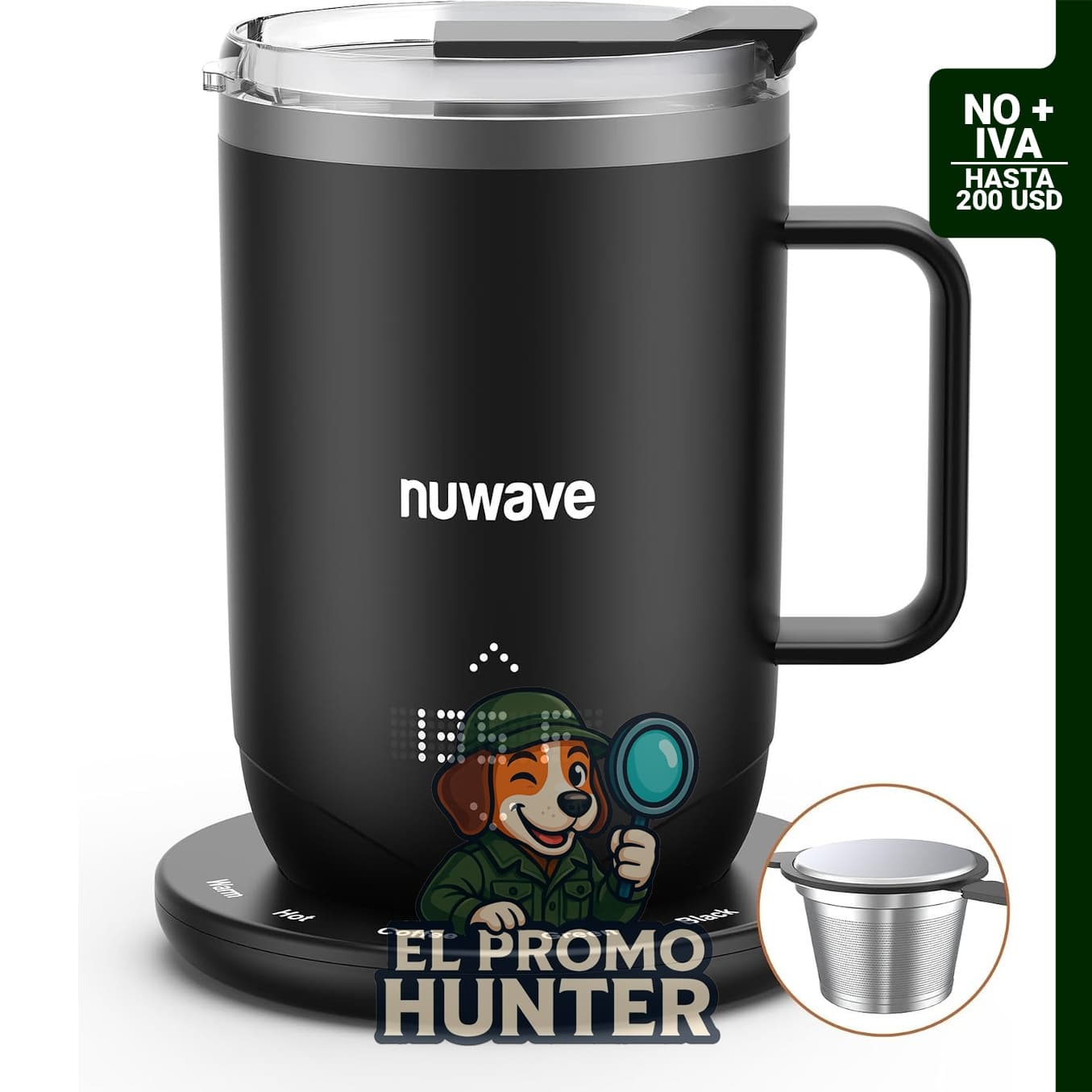 Nuwave Taza de Café Inteligente de 16 oz con calefacción recargable y control de temperatura.