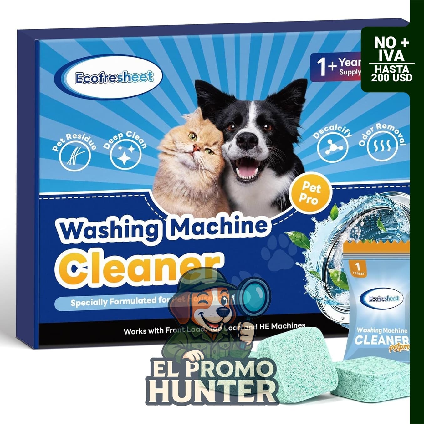 Limpiador de lavadora Tablets Pet Pro, 30 tabletas para limpieza de residuos de pelo de mascotas y eliminación de olores.