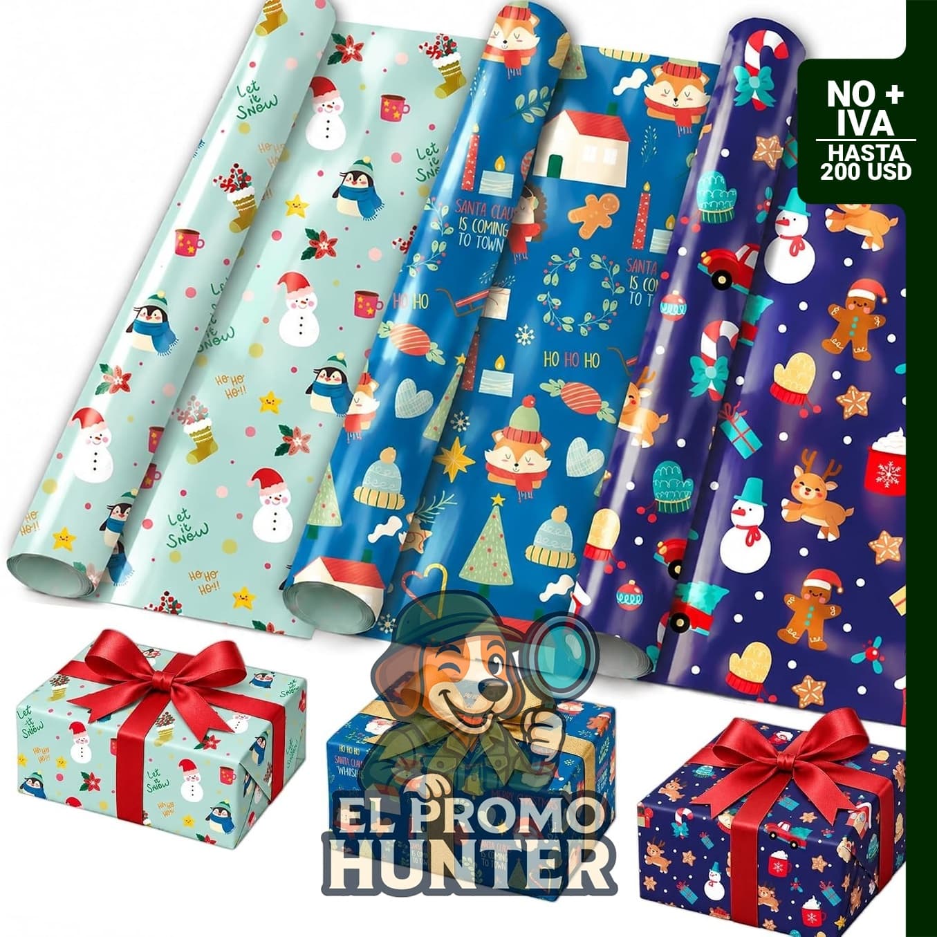 Papel de regalo navideño y bolsas de decoración para regalos.