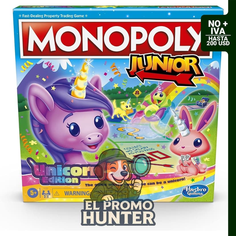 Monopoly Junior: Edición Unicornio, juego de mesa para 2 a 4 jugadores, recomendado para niños a partir de 5 años.