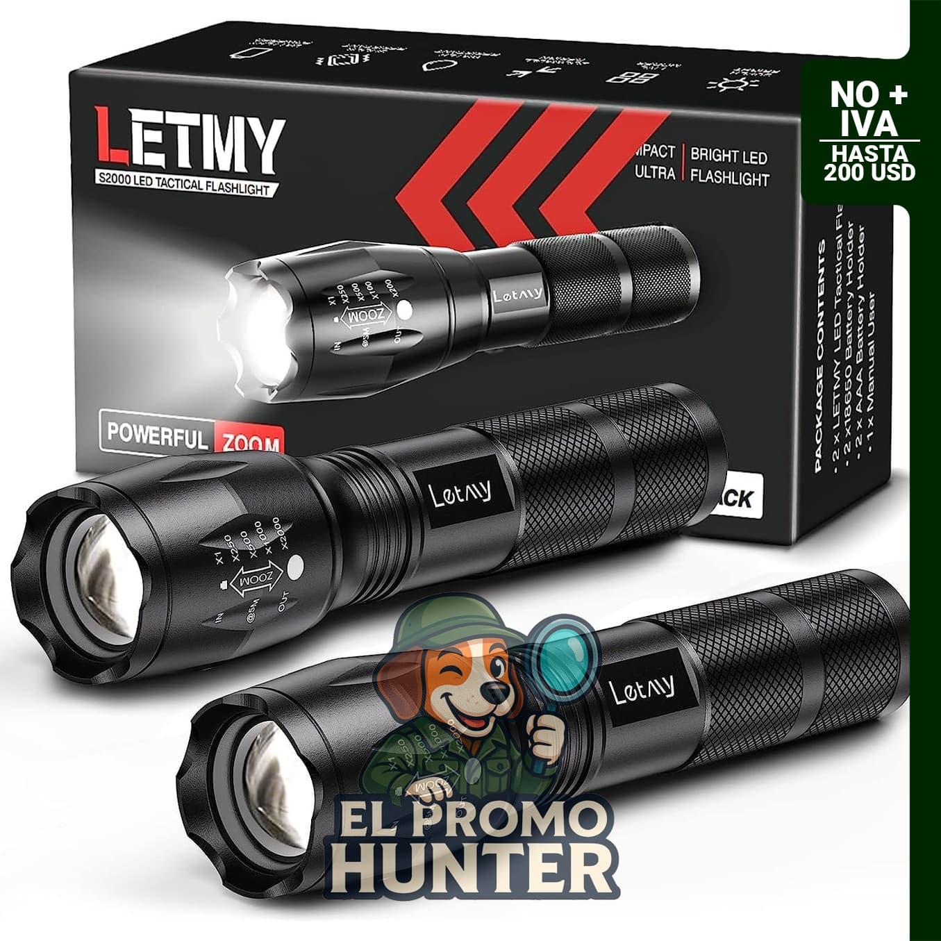 LETMY Linterna táctica LED S1000 PRO, paquete de 2, 5 modos, zoomable, impermeable.