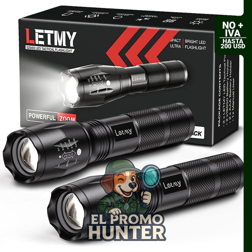 LETMY Linterna táctica LED S1000 PRO, paquete de 2, 5 modos, zoomable, impermeable.
