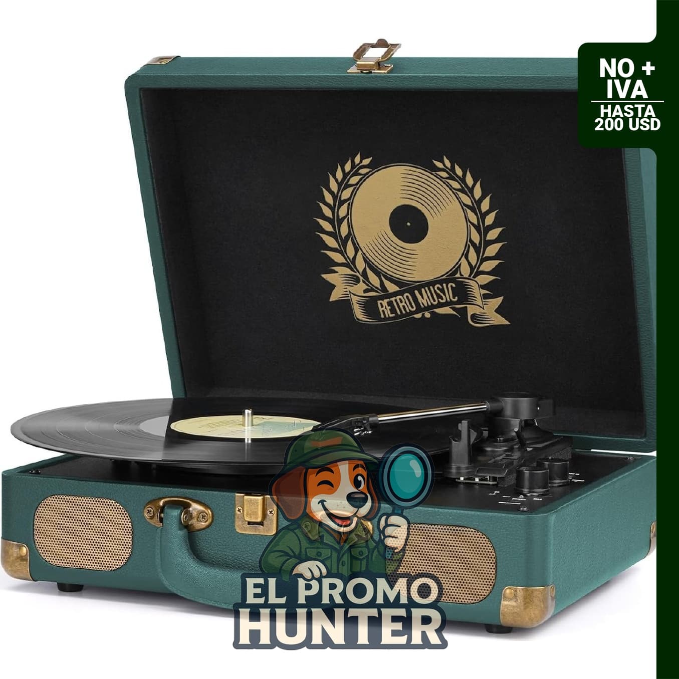 Tocadiscos de Vinilo Bluetooth portátil de 3 velocidades con altavoces integrados y salida RCA.