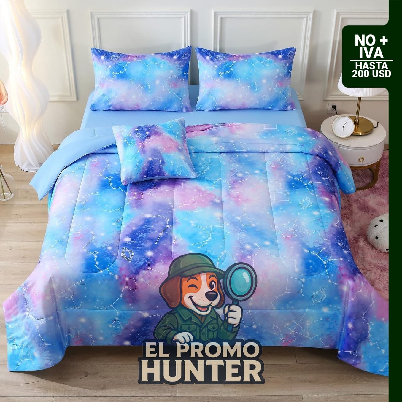 JQinHome Juego de edredón de galaxia degradado para niñas, 6 piezas con estampado de constelación en color azul.