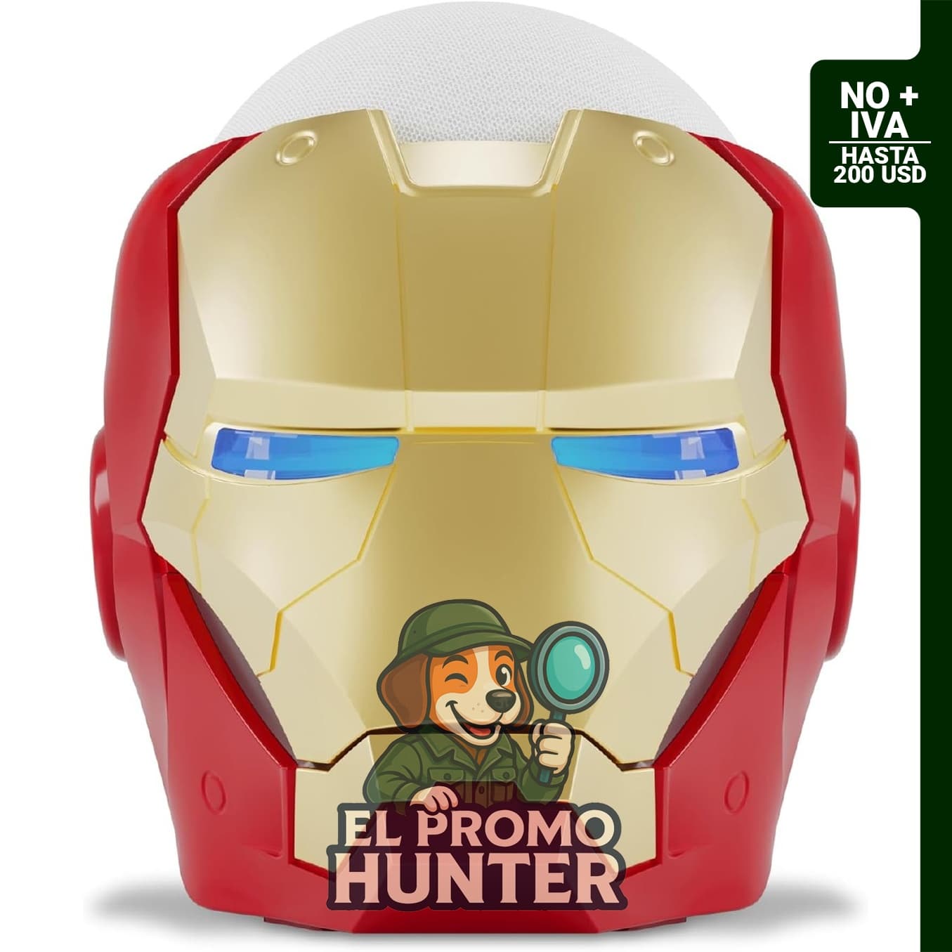 Echo Dot (5ª generación, versión 2022) con soporte de Iron Man de Marvel en color Glacier White.