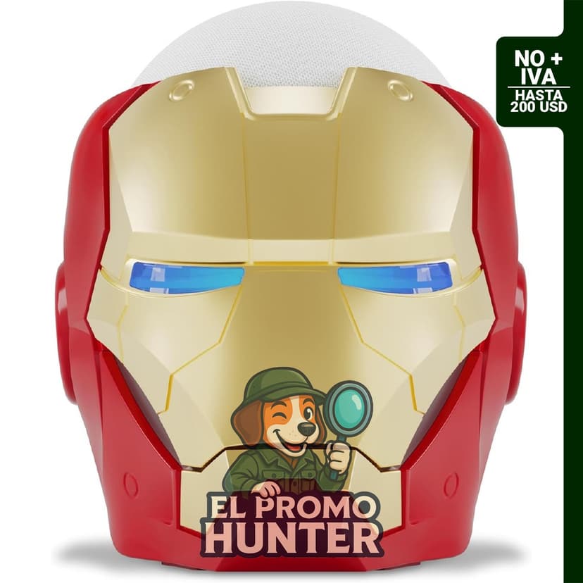 Echo Dot (5ª generación, versión 2022) con soporte de Iron Man de Marvel en color Glacier White.