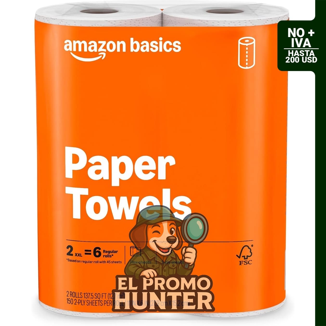 Amazon Basics Toallas de papel Flex-Sheets de 2 capas, 2 rollos (equivalente a 6 rollos regulares), 150 hojas por rollo.