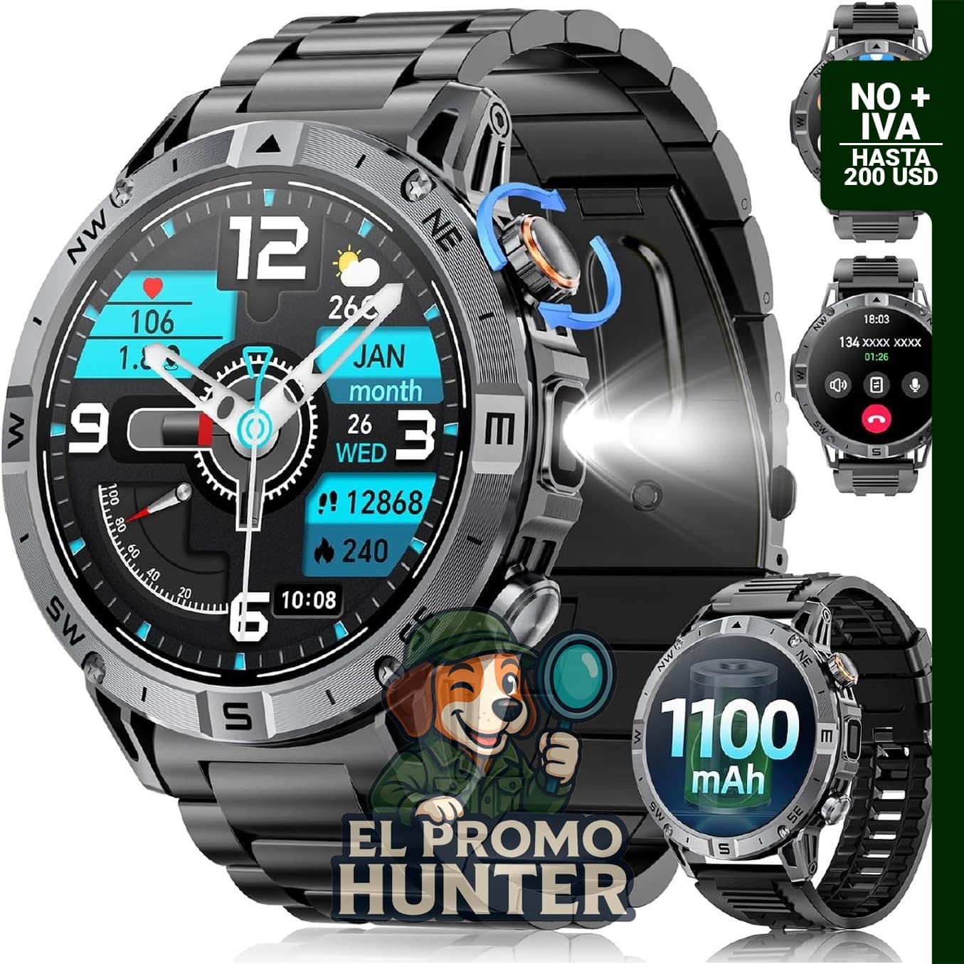 Reloj inteligente militar para hombres con batería de 1100 mAh y pantalla HD de 1.7".