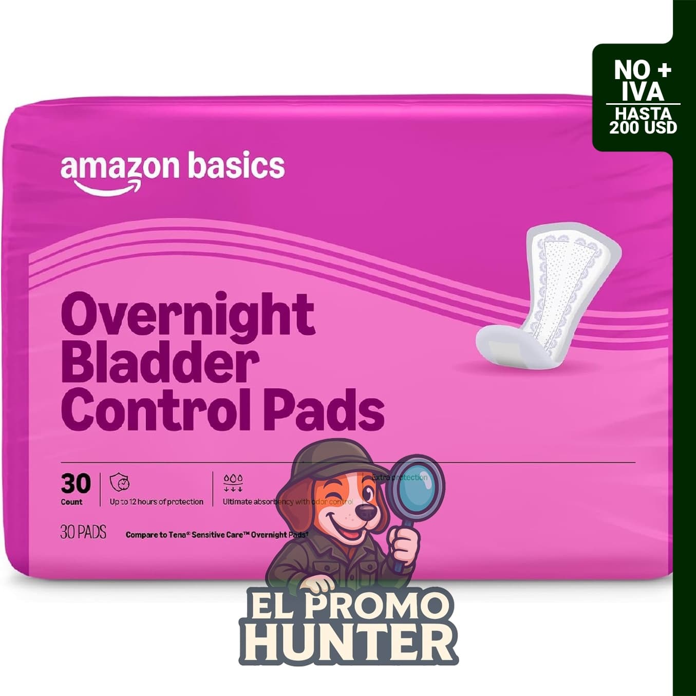 Amazon Basics Almohadillas de incontinencia para mujer, 30 unidades, sin perfume, absorción nocturna.
